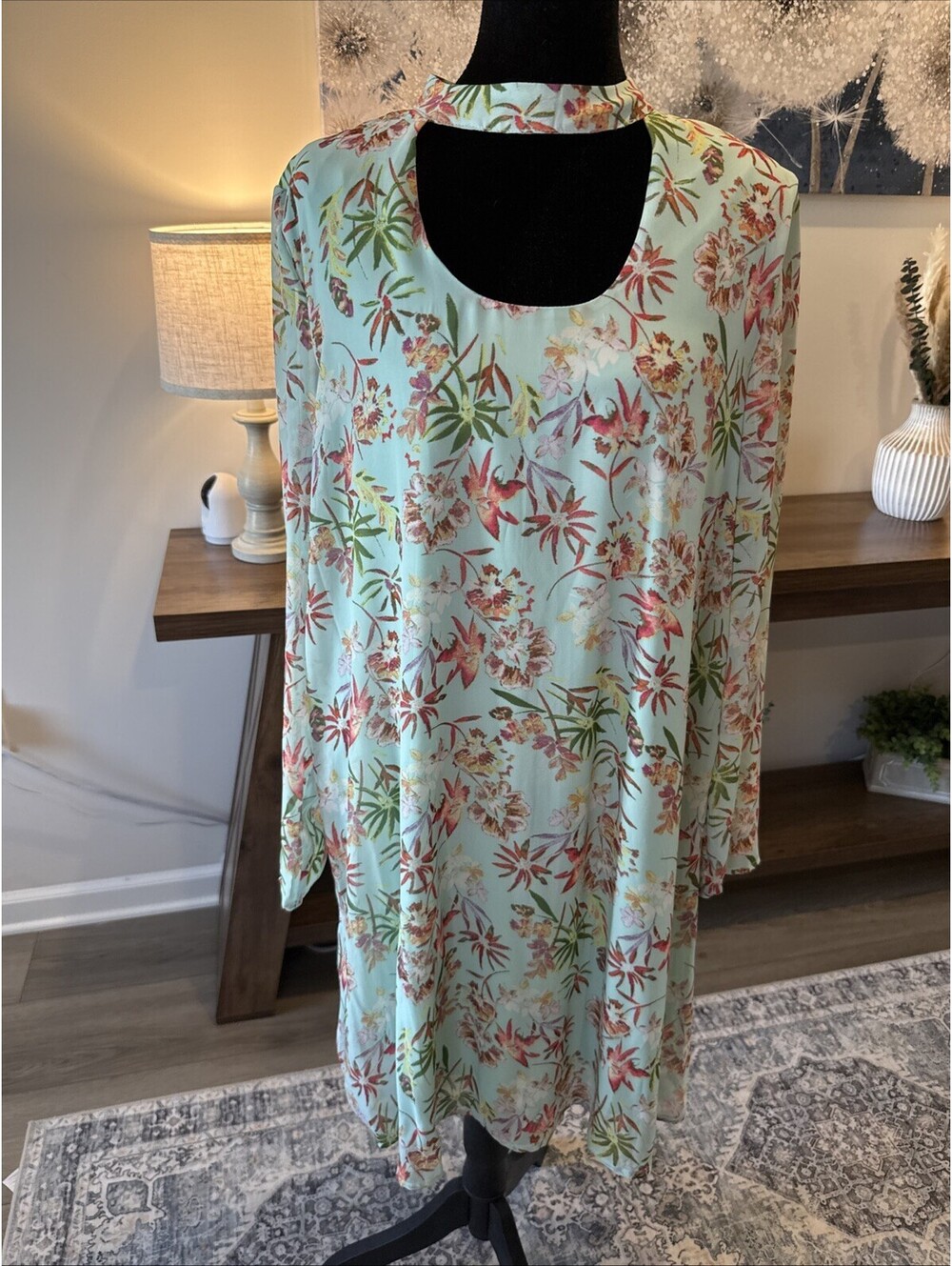 Tacera Dress Midi Length Seafoam Floral Long Sleeve Lined Size L